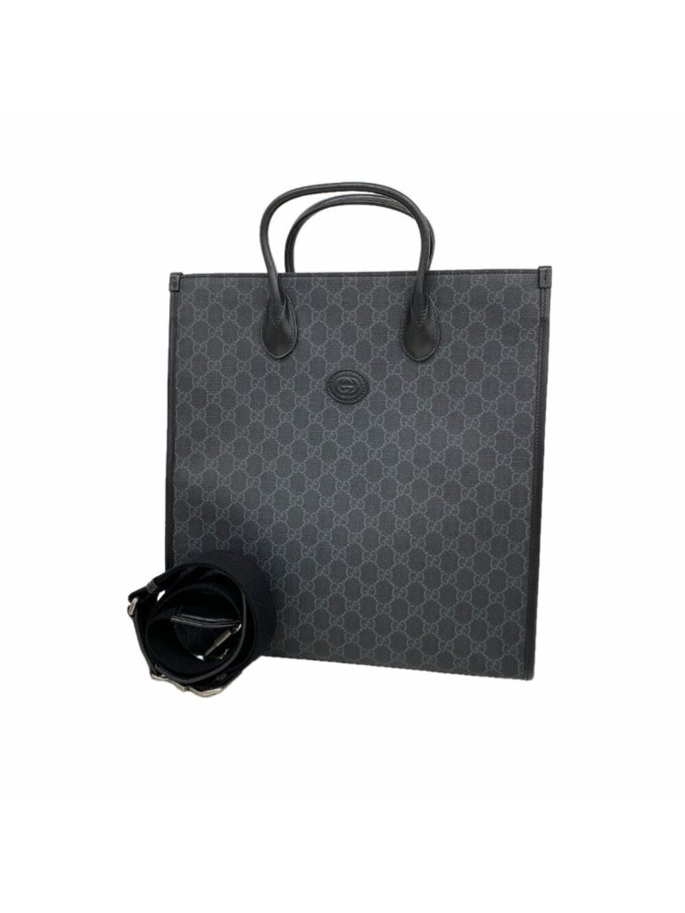 Gucci Tote Bag Interlocking G Leather Black Silver 2-Way